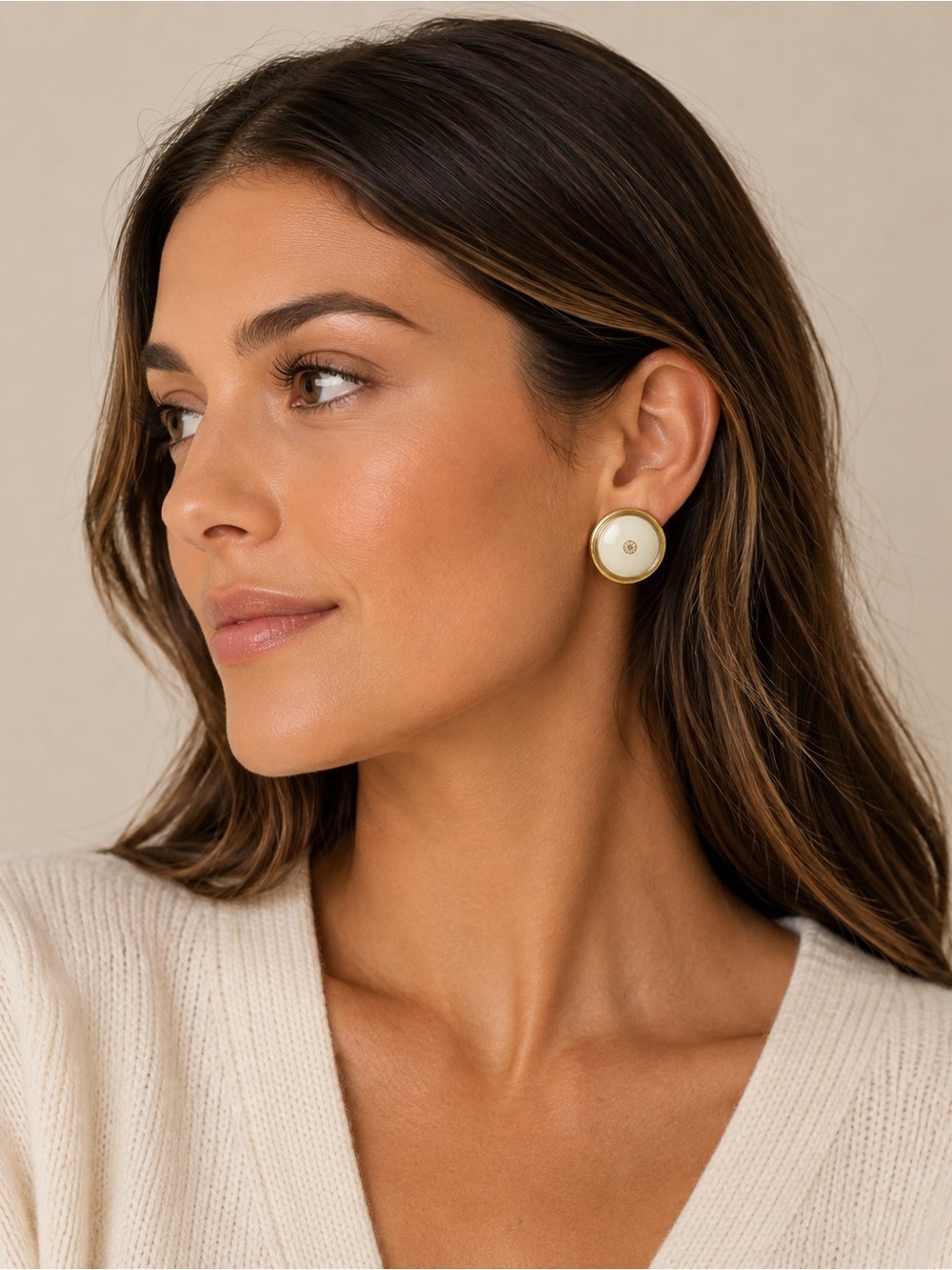Hermes Authentic Stunning Gold Cream Enamel Round Carriage Wheel Clip Earrings